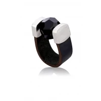 Black Crystal Leather Ring in Silver