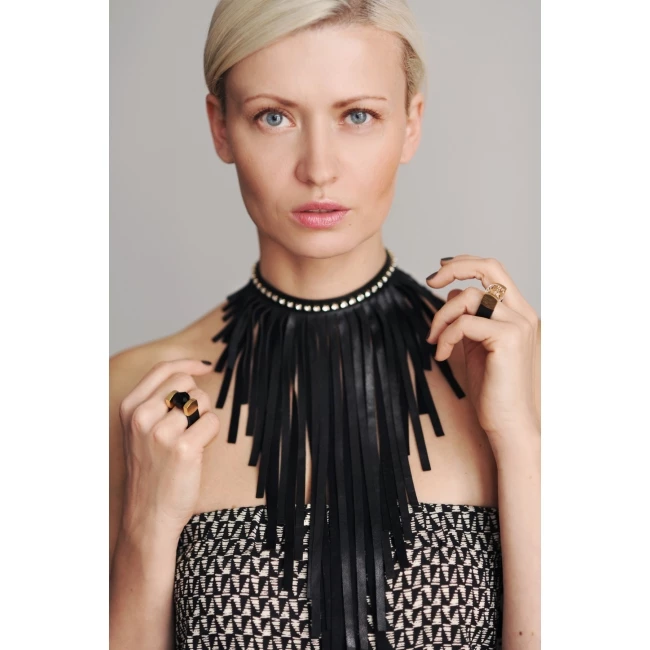 Black Crystal Leather Ring in Silver