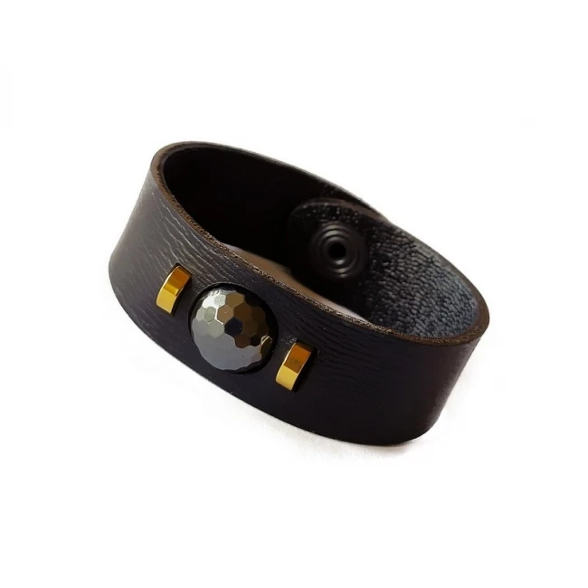 Hematite Leather Bracelet in Gold