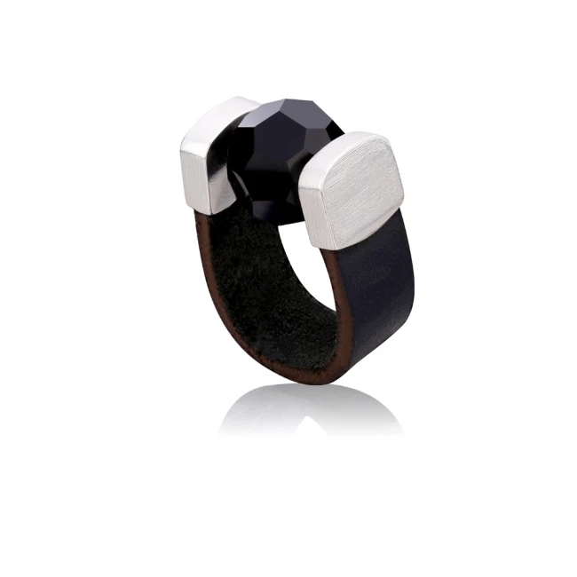 Black Crystal Leather Ring in Silver